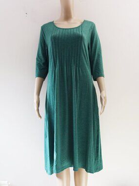 Makabo Round Neck Casual 3/4 Sleeve Pleated Midi Dress Smooth Green (M) NIB